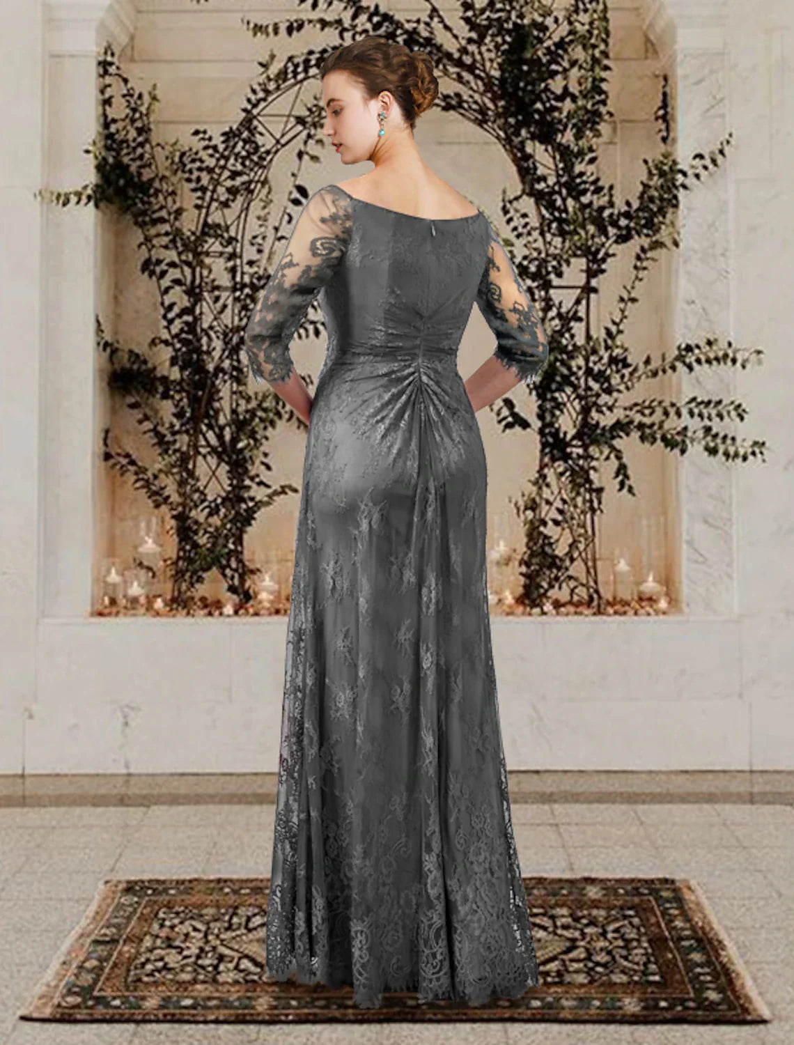 Wholesale A-Line Mother of the Bride Dress Wedding Guest Plus Size Elegant Jewel Neck Floor Length Lace Short Sleeve with Ruffles Crystal Brooch Side-Draped Fall
